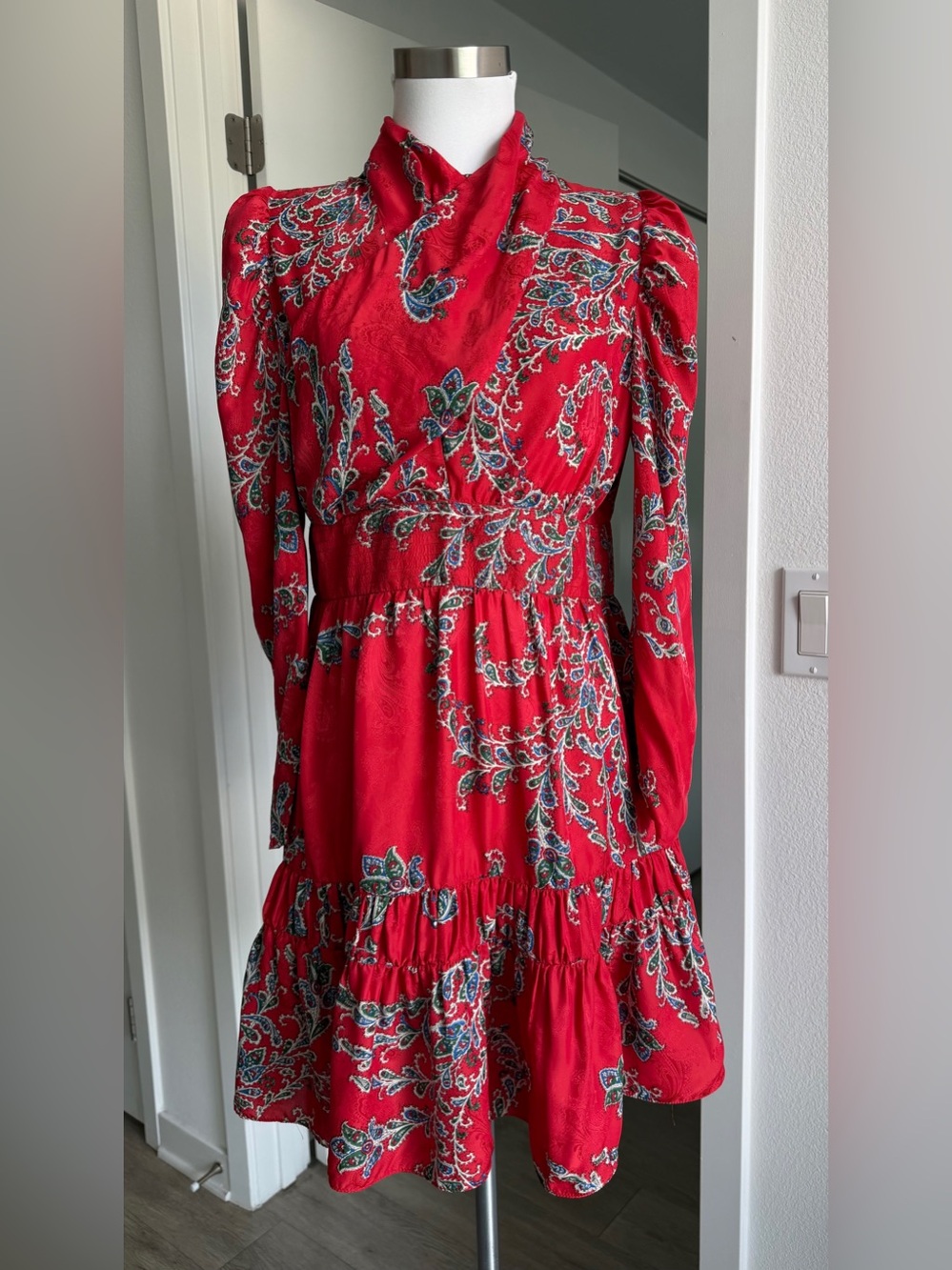 Sandro Tali Red Printed & Draped Satin-Jacquard Mini Dress, Size 40 - Picture 4 of 11